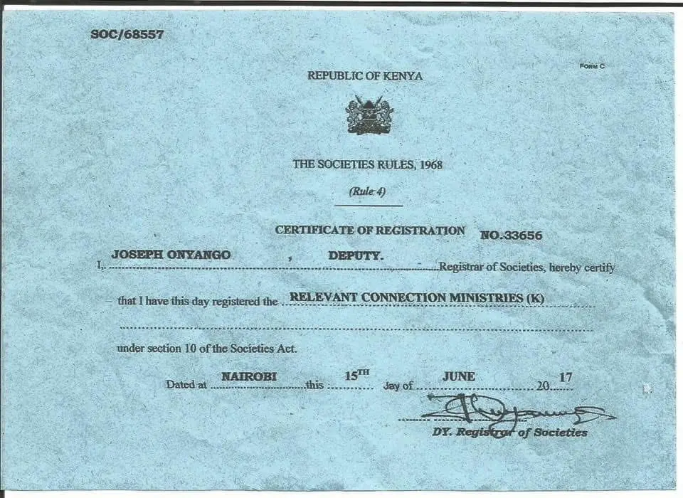 Republic of Kenya Certificate of Registration number 33656 for Relevant Connection Ministries (K), dated at Nairobi, 15 June 2017