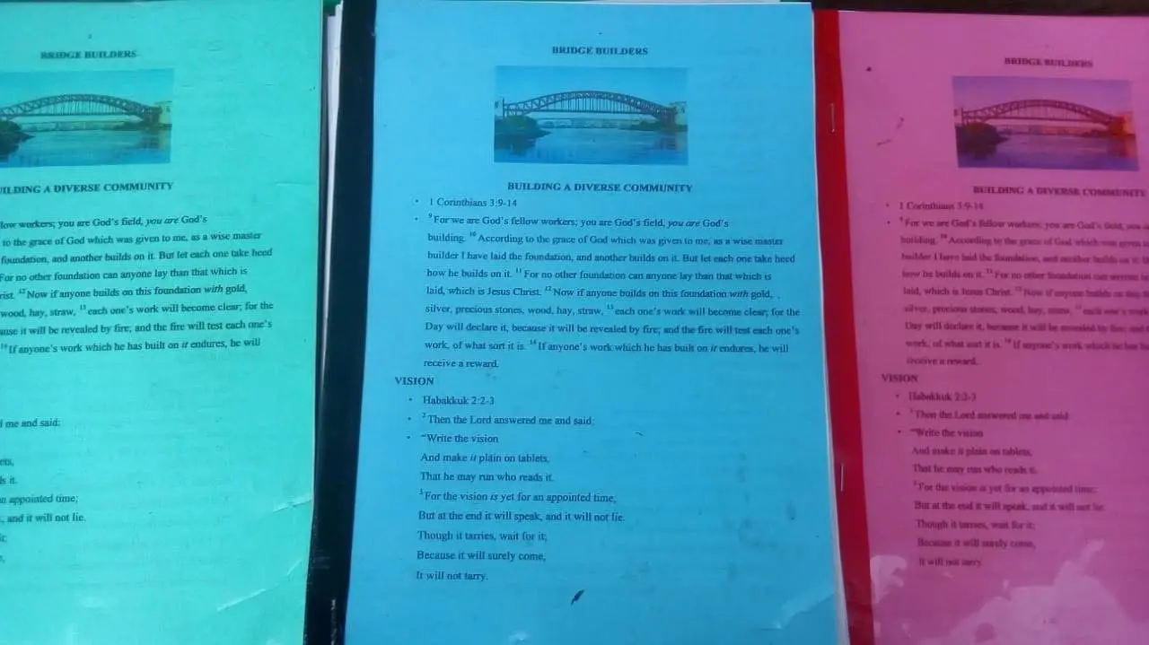 The English Bridge Builders manuals: Building a Diverse Community, with 1 Corinthians 3 and Habakkuk 2 on the cover