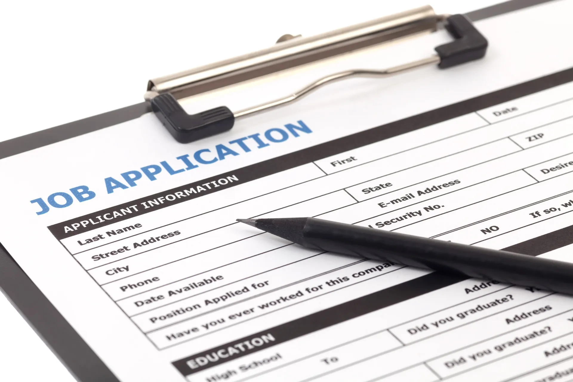 Job application form on a clipboard