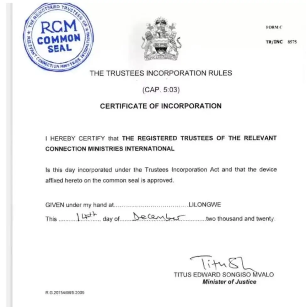 Republic of Malawi Certificate of Incorporation for The Registered Trustees of the Relevant Connection Ministries International, given at Lilongwe, 14 December 2020, bearing the RCM common seal