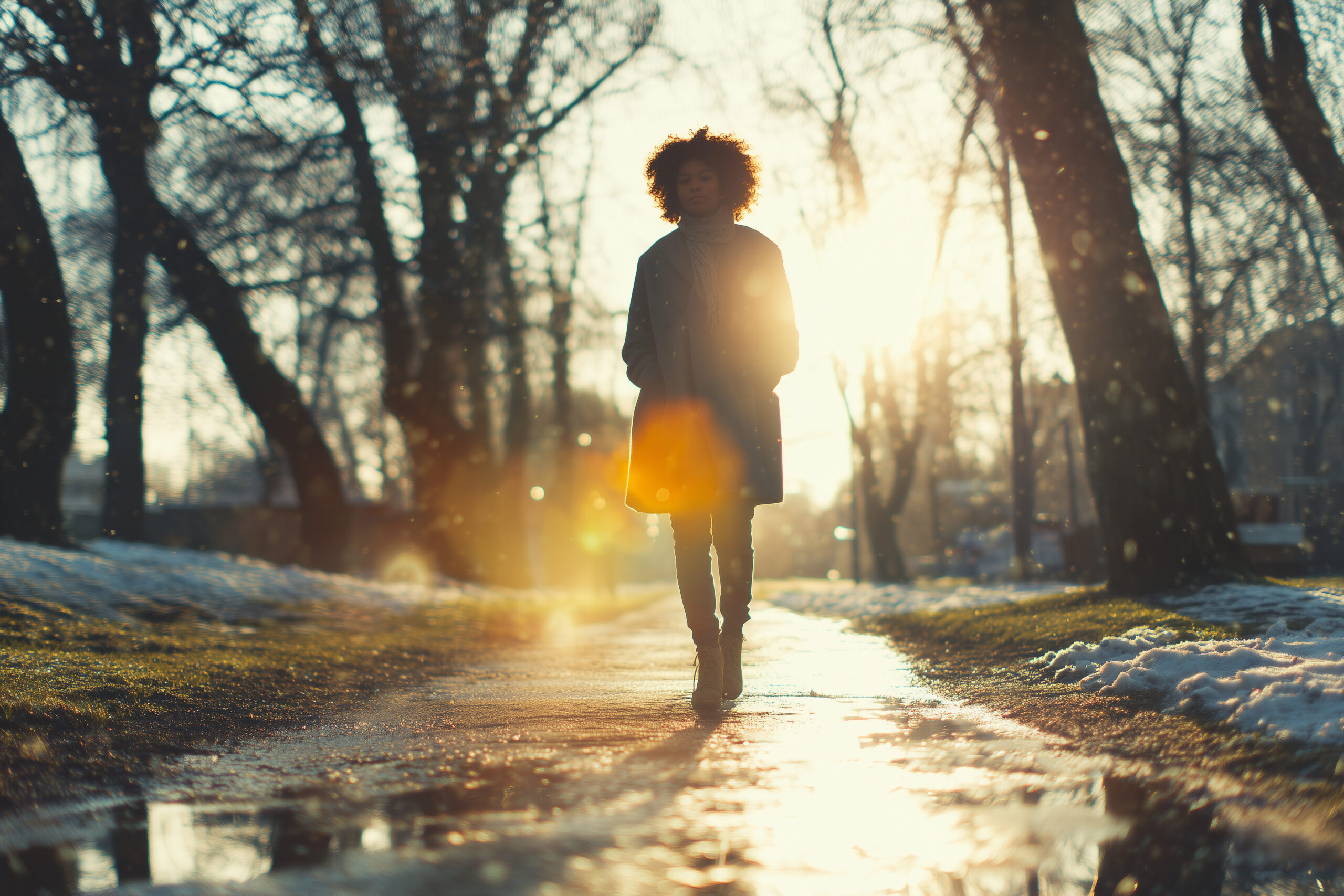 young afro american woman walking along a path with melting snow, soft golden morning light, hands in coat pockets, small puddles reflecting sunlight, early buds on trees, crisp air, cinematic lens flare, ultra-realistic texture and atmosphere, lifestyle stock photography style --ar 3:2 --v 7 Job ID: 749f0345-d3ad-4cd8-a974-e4906d63320f