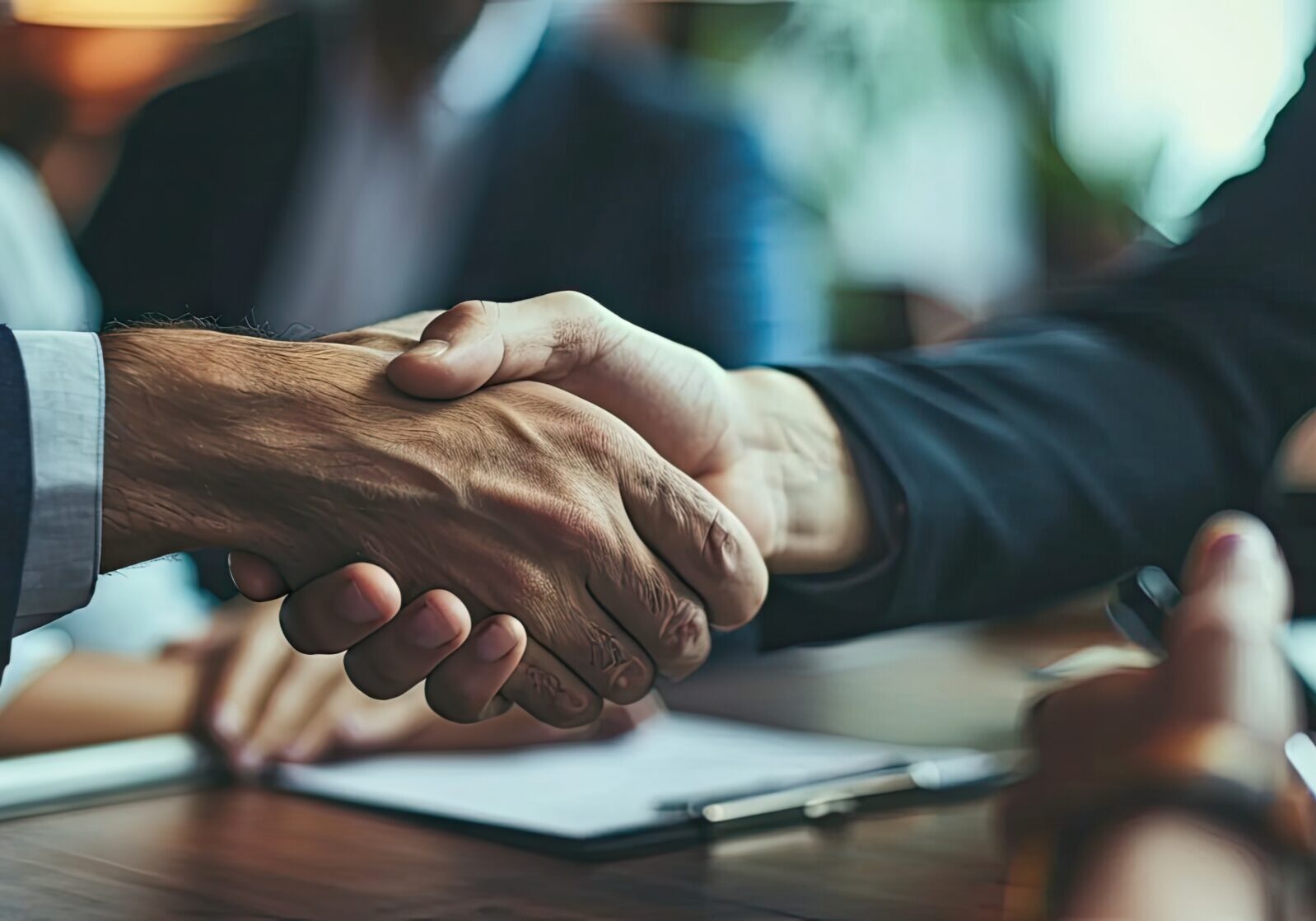 Good deal Close up of two business people shaking hands while sitting at the working place. Copy space image. Place for adding text or design